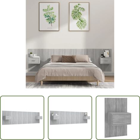 vidaXL Madera contrachapada -  Cabecero de cama y mesitas madera contrachapada gris Sonoma