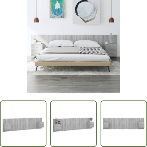 vidaXL Madera contrachapada -  Cabecero de cama y mesitas madera contrachapada gris Sonoma