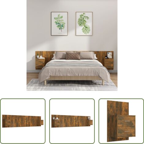 vidaXL Madera contrachapada -  Cabecero de cama y mesitas madera contrachapada roble ahumado