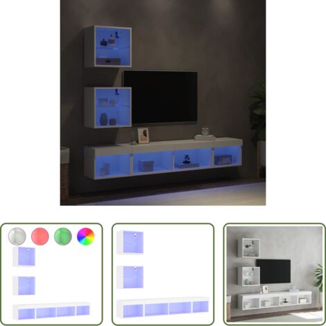 vidaXL Madera contrachapada -  Muebles de TV de pared con LED 5 pzas madera ingeniería blanco