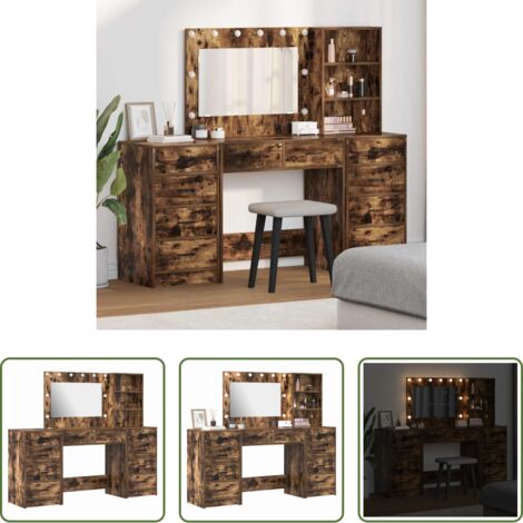 vidaXL Madera de ingeniería -  Mesa Tocador con cajón 3 pcs Roble ahumado Madera de ingeniería