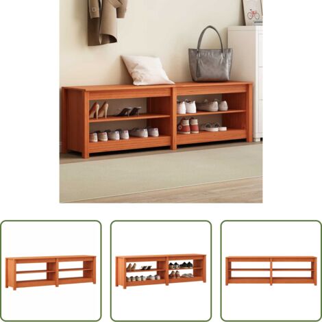 vidaXL Madera de pino -  Banco para zapatos con estante Marrón cera 160 x 36,5 x 50 cm