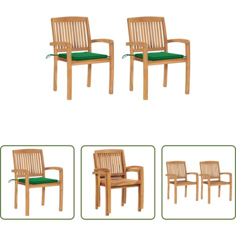 vidaXL Madera de teca -  Sillas de jardín 2 uds con cojines madera maciza de teca verde