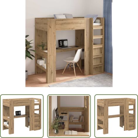 vidaXL Madera -  Estructura de litera con escritorio Roble artesanal 80 x 200 cm
