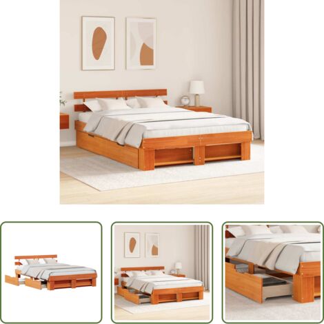 vidaXL Madera maciza -  Estructura de cama con cabecera Marrón cera 150 x 200 cm