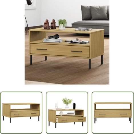 vidaXL Madera maciza -  Mesa de centro patas metal OSLO madera maciza marrón 85x50x45cm