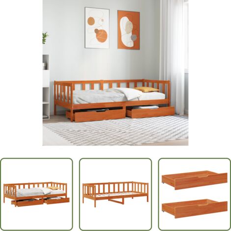 vidaXL Madera maciza -  Sofá cama con cabecera 3 pcs Marrón cera Madera de Pino Macizo