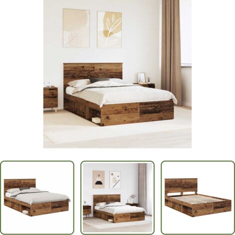 vidaXL Marco de cama -  Estructura de cama con cabecera Madera vieja 135 x 190 cm