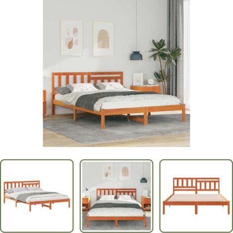 vidaXL Marco de cama -  Estructura de cama con cabecera Marrón cera 150 x 200 cm