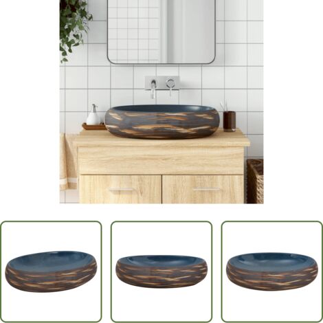 vidaXL Marrone -  Lavabo da Appoggio Marrone e Blu Ovale 59x40x15 cm Ceramica