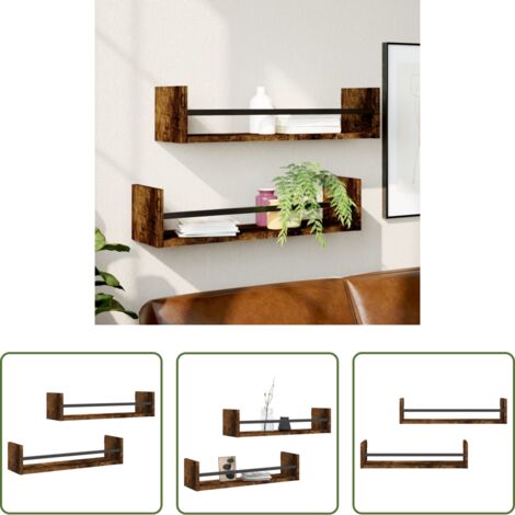 vidaXL Mensole a muro -  Mensole a Parete con Aste 2pz Rovere Fumo 60x16x14 cm
