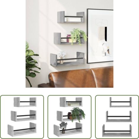 vidaXL Mensole con aste -  Set Mensole Parete con Aste 3pz Grigio Sonoma Legno Multistrato