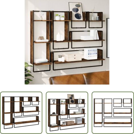 vidaXL Mensole in legno -  Set Mensole Parete con Aste 6pz Rovere Fumo Legno Multistrato