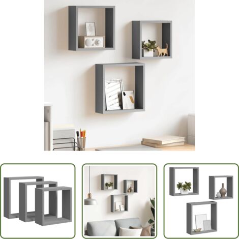 vidaXL Mensole in mdf -  Mensole a Cubo da Parete 3 pz Grigie in MDF