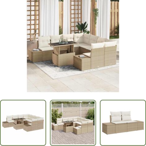 vidaXL Mesa ajustable -  Conjunto de sofá de jardín 9 pcs Beige y Crema ratán sintético