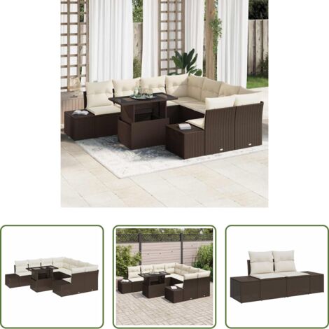 vidaXL Mesa ajustable -  Conjunto de sofá de jardín 9 pcs Marrón y crema ratán sintético