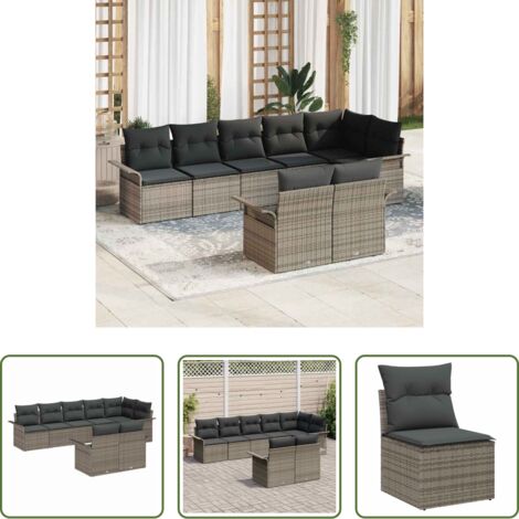vidaXL Mesa ajustable -  Conjunto de sofá de jardín con cojín 8 pcs Gris ratán sintético