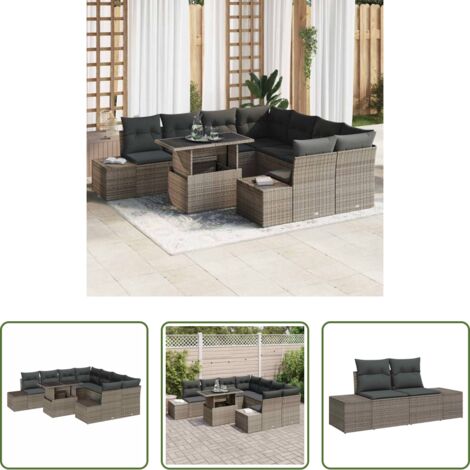 vidaXL Mesa ajustable -  Conjunto de sofá de jardín con cojín 9 pcs Gris ratán sintético