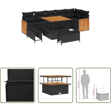 vidaXL Mesa ajustable -  Conjunto de sofás de jardín con cojín 9 pcs Negro