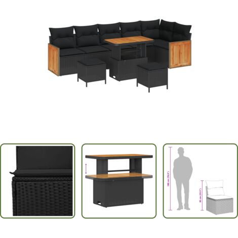 vidaXL Mesa ajustable -  Conjunto de sofás de jardín con cojín 9 pcs Negro