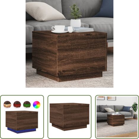 vidaXL Mesa auxiliar -  Mesa de centro con luces LED marrón roble 50x50x40 cm