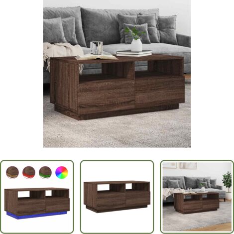 vidaXL Mesa auxiliar -  Mesa de centro con luces LED marrón roble 90x49x40 cm