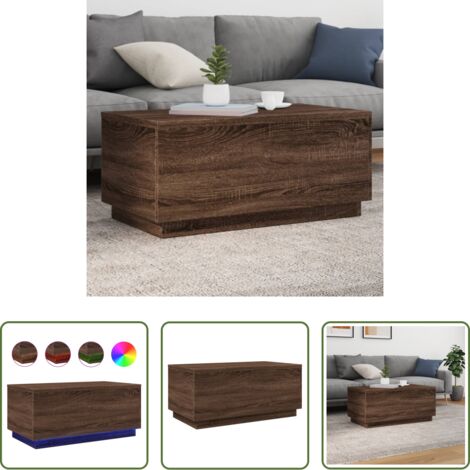 vidaXL Mesa auxiliar -  Mesa de centro con luces LED marrón roble 90x50x40 cm