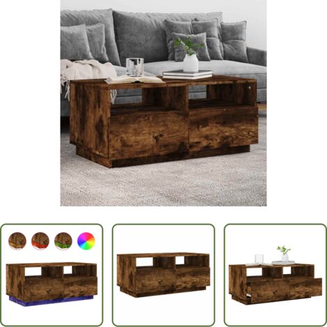 vidaXL Mesa auxiliar -  Mesa de centro con luces LED roble ahumado 90x49x40 cm