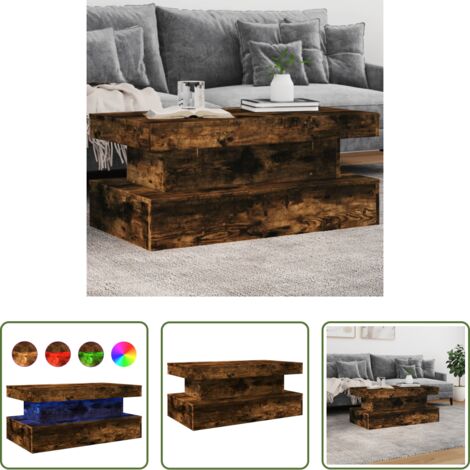 vidaXL Mesa auxiliar -  Mesa de centro con luces LED roble ahumado 90x50x40 cm