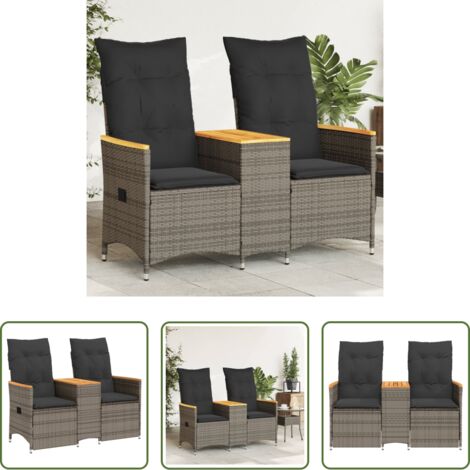 vidaXL Mesa central -  Sofá de jardín reclinable de 2 plazas con mesa ratán PE gris
