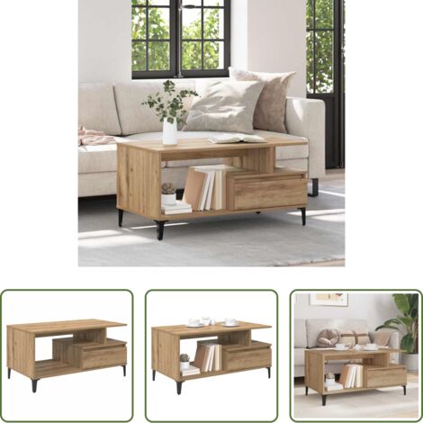 vidaXL Mesa con cajón -  Mesa de Café con cajón Roble artesanal 90 x 49 x 45 cm