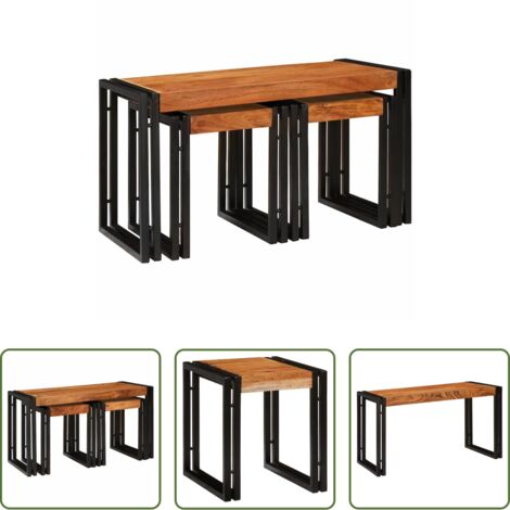 vidaXL Mesa de acacia -  Mesa Nido 3 pcs Marrón y Negro Madera maciza de Acacia y Metal