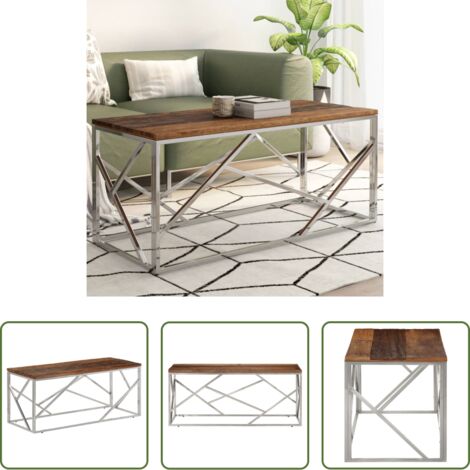vidaXL Mesa de acero inoxidable -  Mesa de centro de acero inoxidable plateado y madera maciza