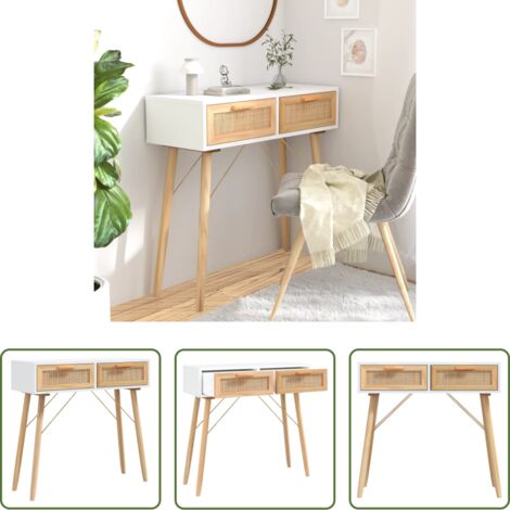 vidaXL Mesa de almacenamiento -  Mesa consola madera pino maciza blanco ratán natural 80x30x75cm