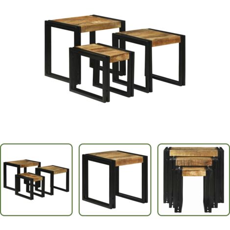 vidaXL Mesa de café -  Mesa Nido 3 pcs Marrón y Negro Madera de Mango Sólida y Metal
