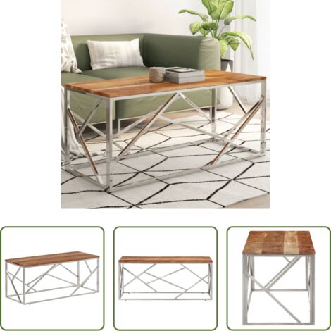 vidaXL Mesa de centro de acero inoxidable -  Mesa de centro acero inoxidable plateado y madera maciza acacia