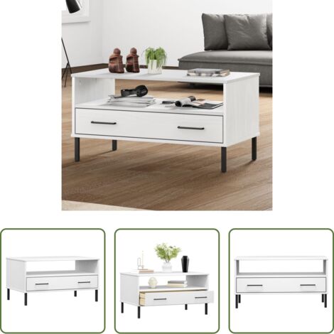 vidaXL Mesa de centro de madera -  Mesa de centro patas metal OSLO madera maciza blanco 85x50x45cm