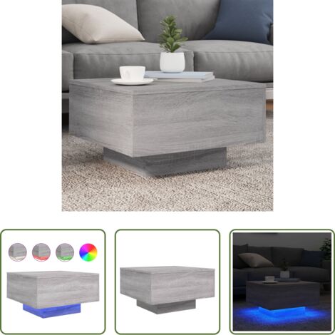 vidaXL Mesa de centro gris Sonoma -  Mesa de centro con luces LED gris Sonoma 55x55x31 cm