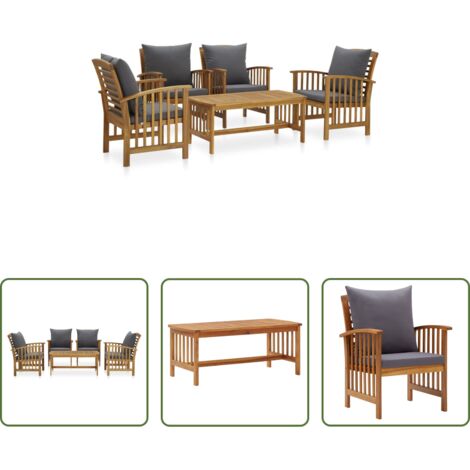 vidaXL Mesa de centro -  Juego muebles de jardín y cojines 5 piezas madera maciza acacia