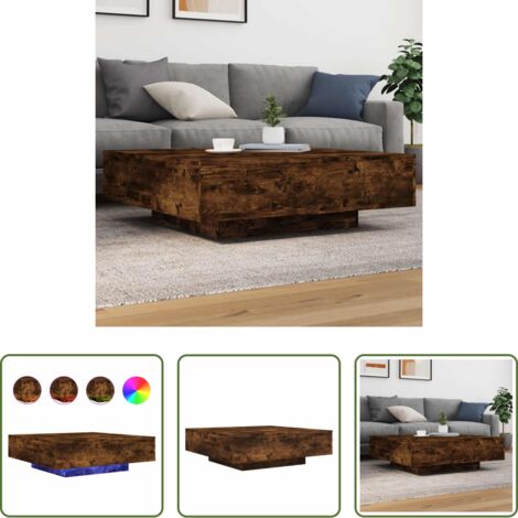 vidaXL Mesa de centro moderna -  Mesa de centro con luces LED roble ahumado 100x100x31 cm