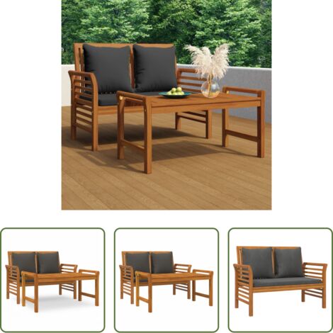 vidaXL Mesa de centro -  Muebles jardín 2 pzas con cojines gris oscuro de madera maciza