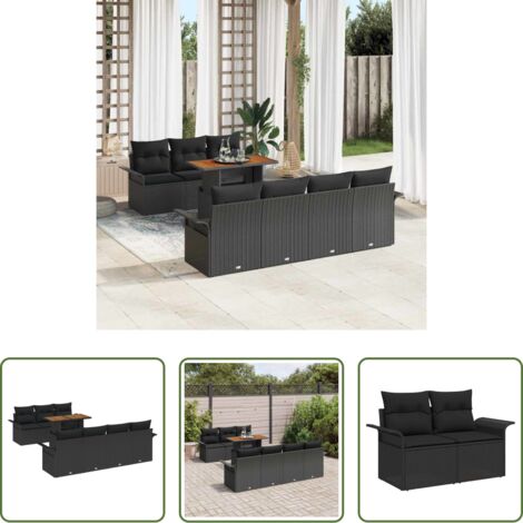 vidaXL Mesa de comedor -  Conjunto de sofá de jardín 8 pcs Negro Poliratán