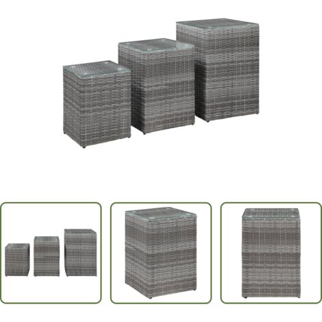 vidaXL Mesa de comedor -  Mesas auxiliares 3 pzas superficie vidrio ratán sintético gris