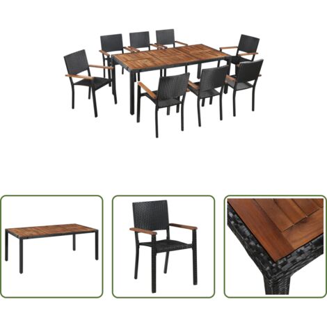 vidaXL Mesa de comedor -  Set comedor jardín 9 pzas ratán sintético y madera acacia negro