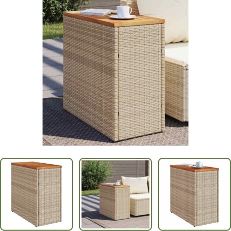 vidaXL Mesa de exterior -  Mesa auxiliar jardín tapa madera ratán PE beige 58x27,5x55 cm