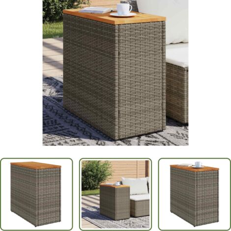 vidaXL Mesa de exterior -  Mesa auxiliar jardín tapa madera ratán PE gris 58x27,5x55 cm