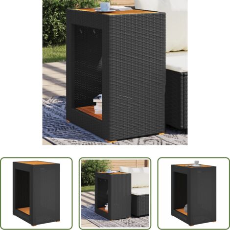 vidaXL Mesa de exterior -  Mesa auxiliar jardín tapa madera ratán PE negro 60x40x75 cm