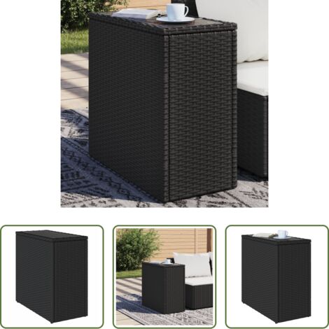 vidaXL Mesa de exterior -  Mesa auxiliar jardín tapa vidrio ratán PE negro 58x27,5x55 cm