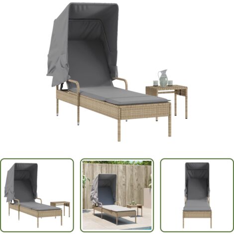 vidaXL Mesa de exterior - Tumbona con capota y mesa ratán sintético beige