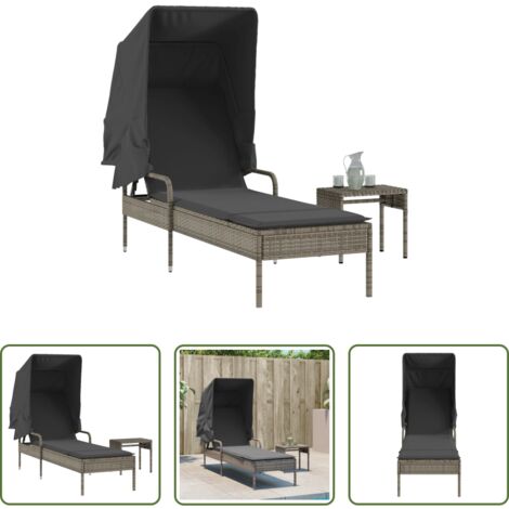 vidaXL Mesa de exterior - Tumbona con capota y mesa ratán sintético gris
